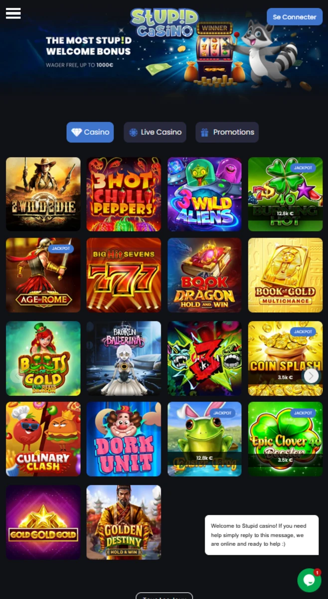 Version mobile de Stupid Casino affichant la page d&rsquo;accueil avec bonus de bienvenue et jeux principaux