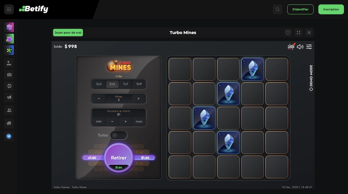 capture d'&eacute;cran d'une partie du jeu Turbo Mines de Turbo Games sur le casino en ligne crypto Betify