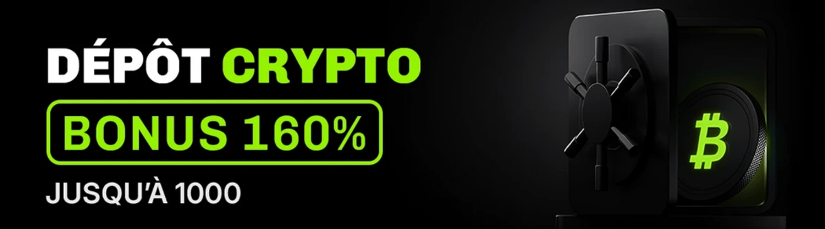 Banni&egrave;re Velobet Casino pr&eacute;sentant le bonus d&eacute;p&ocirc;t crypto 160% jusqu&rsquo;&agrave; 1000 avec coffre-fort et symbole Bitcoin