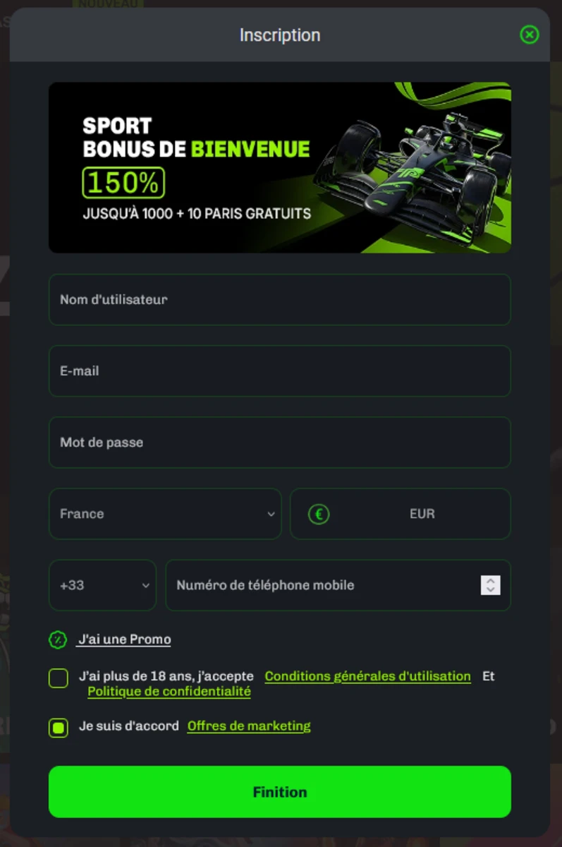 Fen&ecirc;tre d&rsquo;inscription Velobet Casino avec champs utilisateur, email, mot de passe et banni&egrave;re du bonus sportif
