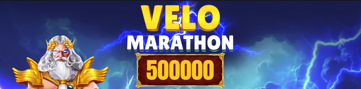 Banni&egrave;re promotionnelle Velobet Casino montrant Zeus et l&rsquo;&eacute;v&eacute;nement Velo Marathon avec r&eacute;compense affich&eacute;e &agrave; 500000