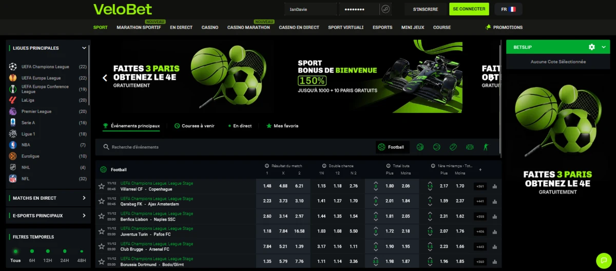 Interface du site Velobet Casino affichant les paris sportifs en direct, cotes de football et menu lat&eacute;ral des ligues principales