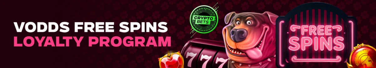 Banni&egrave;re du programme de fid&eacute;lit&eacute; VOdds mettant en avant des free spins et les avantages crypto bets