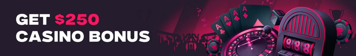 Banni&egrave;re promotionnelle VOdds affichant un bonus casino de 250 dollars avec cartes et machine &agrave; sous en arri&egrave;re-plan