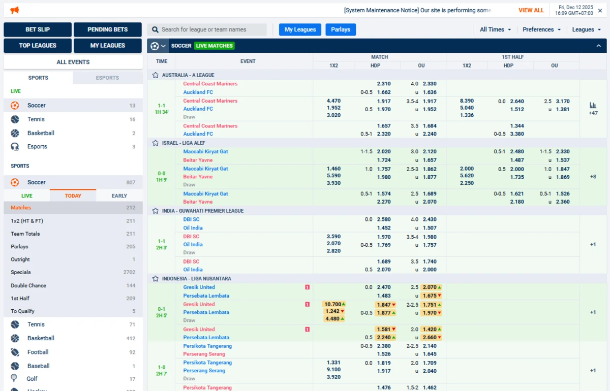Interface de paris sportifs VOdds affichant des matchs de football en direct avec cotes d&eacute;taill&eacute;es et march&eacute;s disponibles