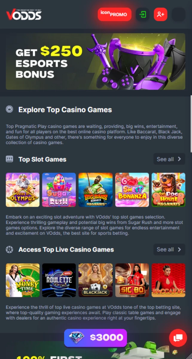 Capture d&rsquo;&eacute;cran mobile du site VODDS affichant une promo &laquo; Get $250 esports bonus &raquo; et des sections de jeux de casino (machines &agrave; sous et casino en direct) avec vignettes.