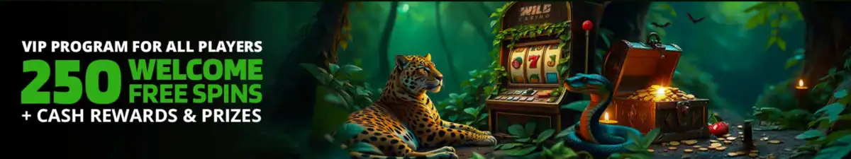 Bannière promotionnelle montrant un décor de jungle avec un léopard, une machine à sous et un coffre rempli d’or, mettant en avant le programme VIP avec 250 free spins offerts et des récompenses en argent sur la plateforme Wild Casino.