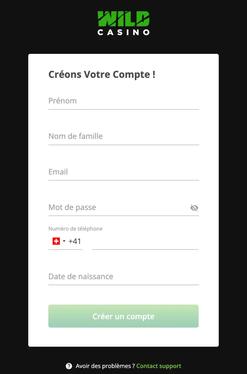 Formulaire de création de compte sur Wild Casino affichant les champs prénom, email, mot de passe, téléphone et date de naissance pour l’inscription des joueurs.