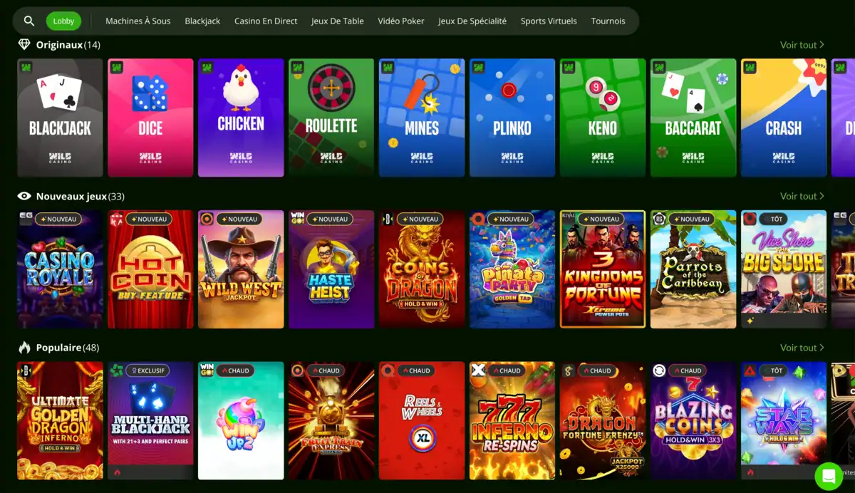 Vue d’ensemble du lobby de Wild Casino montrant les jeux originaux, nouveautés, jeux populaires et catégories accessibles depuis la page principale.