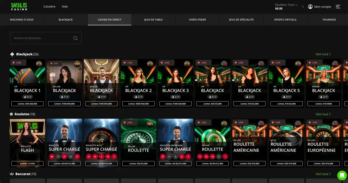 Interface du casino en direct de Wild Casino présentant des tables live de blackjack, roulette et baccarat avec croupiers professionnels en streaming.