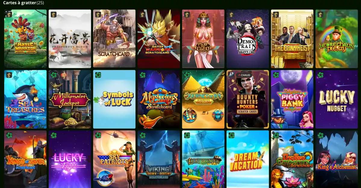 Capture d’écran présentant une large sélection de cartes à gratter numériques avec des thèmes variés comme mythologie, aventure, fantasy et jackpots, affichées dans la section jeux de grattage du catalogue en ligne de Wild Casino.