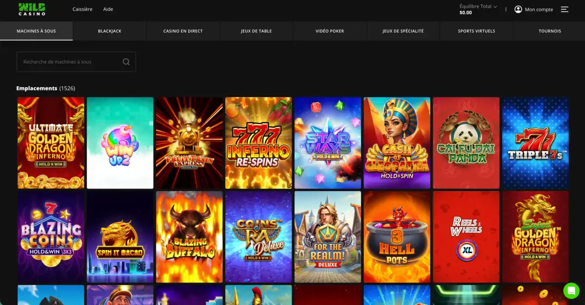 Catalogue des machines à sous de Wild Casino avec emplacements populaires, jackpots, jeux Hold & Win et une large sélection de slots vidéo modernes.