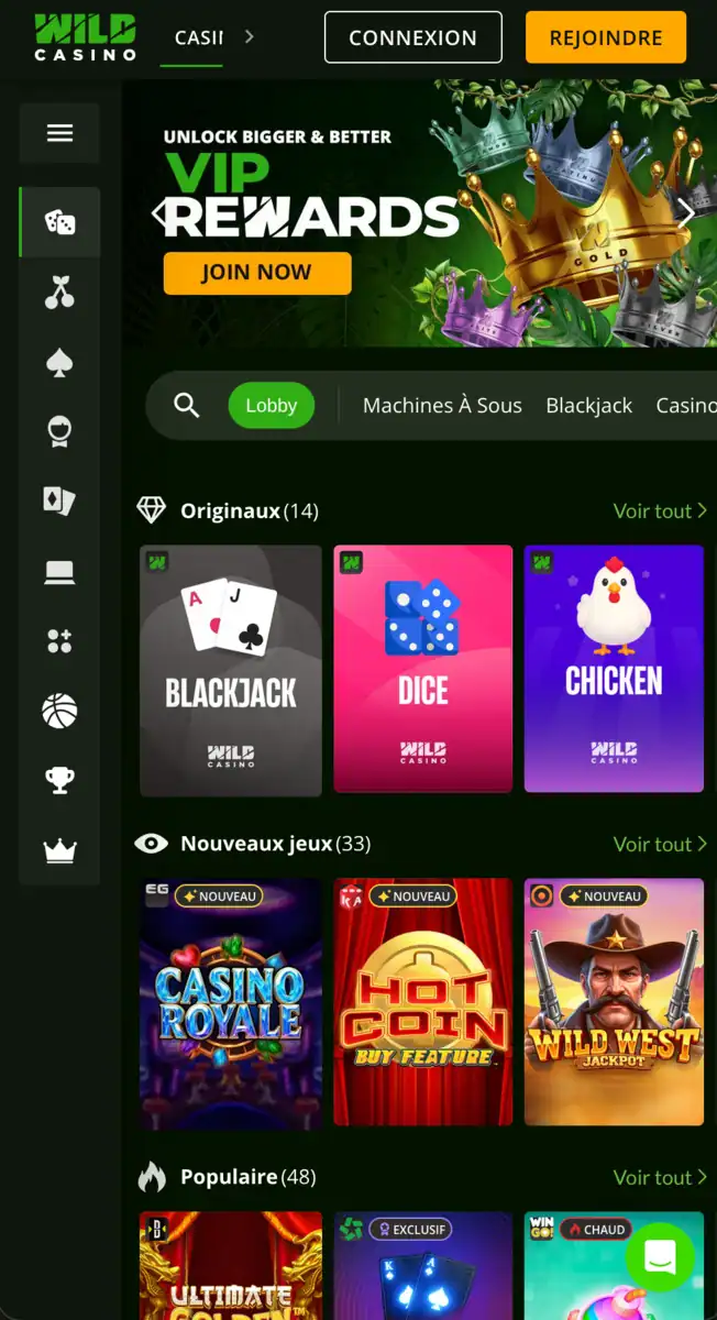 Version mobile de Wild Casino optimisée pour smartphone affichant le lobby, les jeux originaux, les nouveautés et l’accès rapide aux bonus.