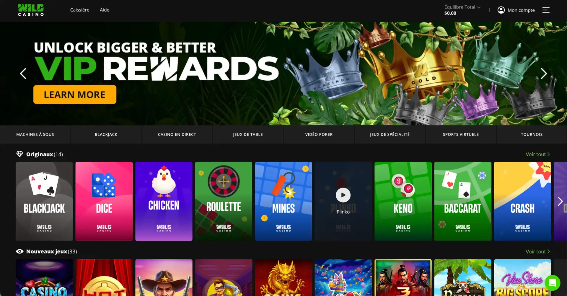 Page d’accueil de Wild Casino mettant en avant le programme VIP Rewards, les catégories de jeux, les promotions et l’accès rapide au lobby.