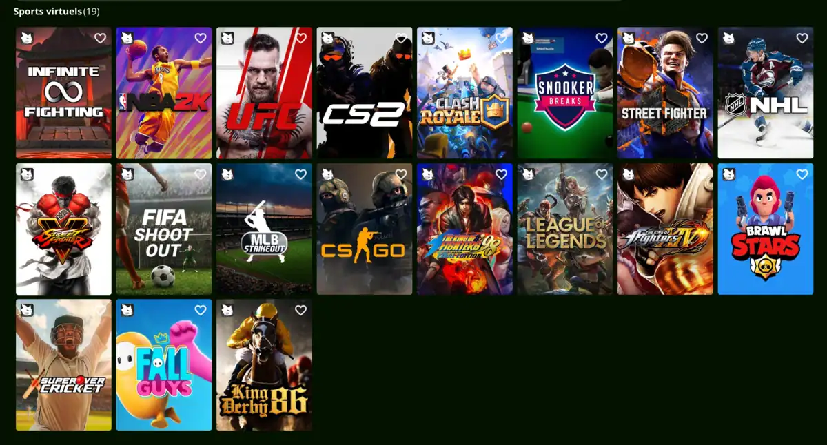 Section sports virtuels de Wild Casino avec paris sur football, NBA, UFC, e-sports, combats et compétitions simulées disponibles en continu.