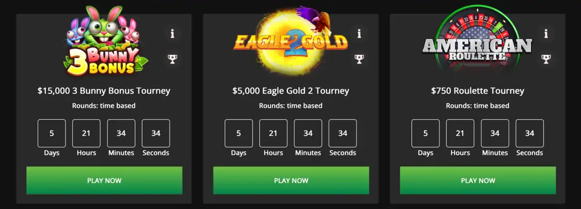 Tournois en cours sur Wild Casino affichant les prize pools, comptes à rebours, jeux éligibles et boutons de participation aux compétitions.