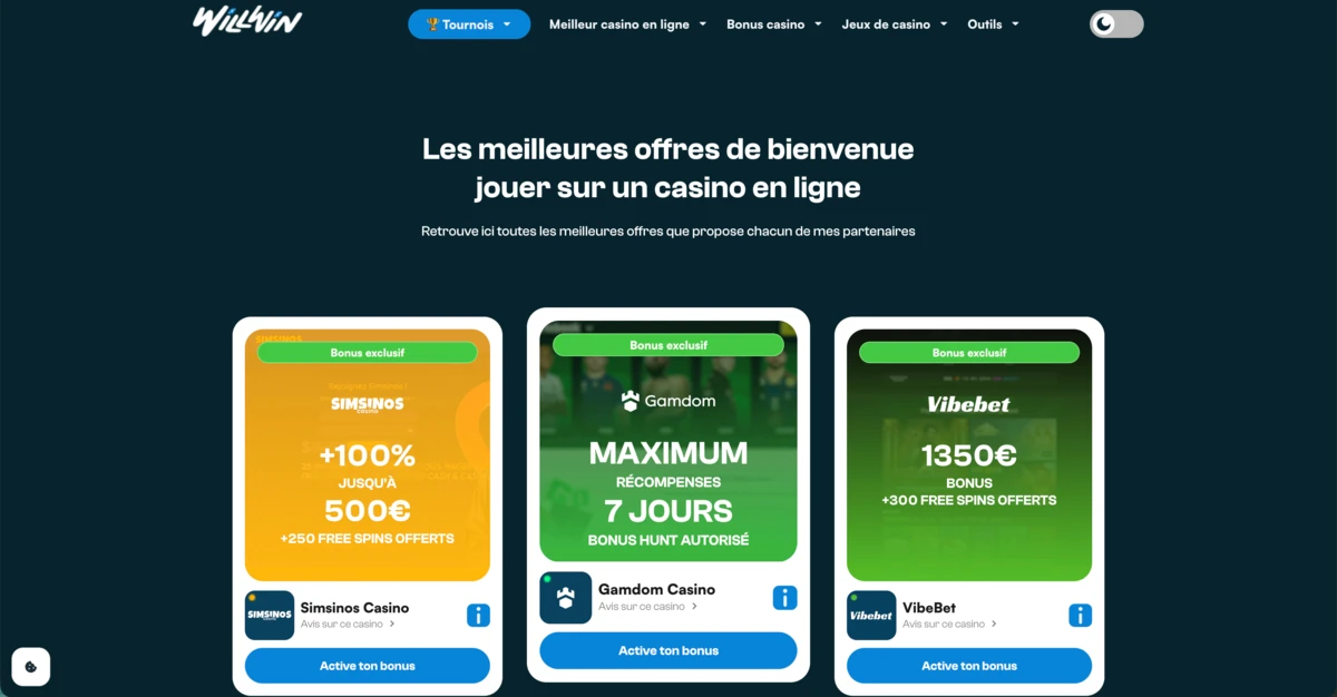Capture d&rsquo;&eacute;cran du site willwin.gg pr&eacute;sentant les meilleures offres de bienvenue recommand&eacute;es par le streameur Willwin, avec des cartes de bonus casino d&eacute;taillant montants, free spins, partenaires et boutons d&rsquo;activation.