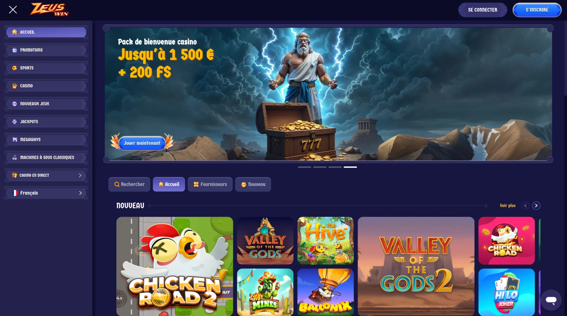 Page d&rsquo;accueil de ZeusWin Casino montrant le bonus jusqu&rsquo;&agrave; 1 500 &euro; avec Zeus, menu lat&eacute;ral et nouveaux jeux affich&eacute;s