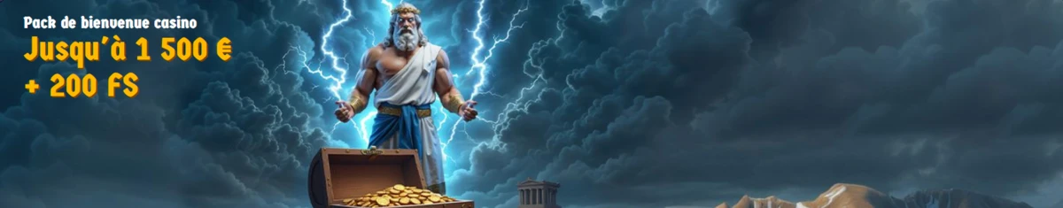 Banni&egrave;re de bienvenue de ZeusWin Casino montrant Zeus devant un coffre rempli d&rsquo;or avec le bonus jusqu&rsquo;&agrave; 1500 euros et 200 free spins
