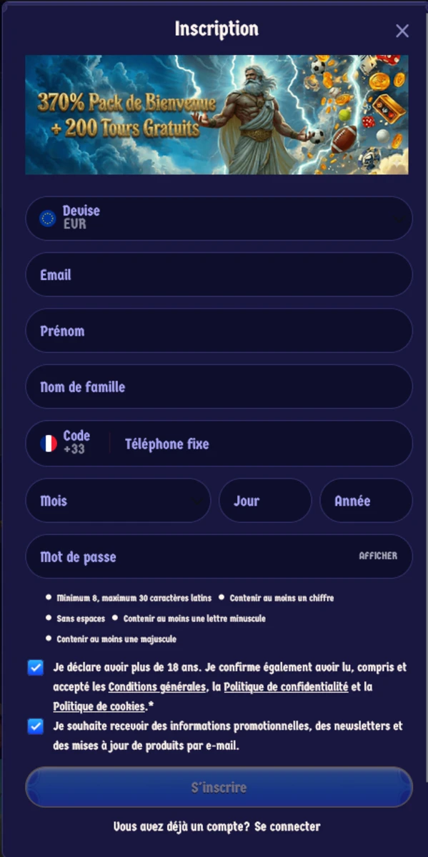 Formulaire d&rsquo;inscription de ZeusWin Casino avec champs personnels et rappel du bonus de 370 pour cent plus 200 tours gratuits