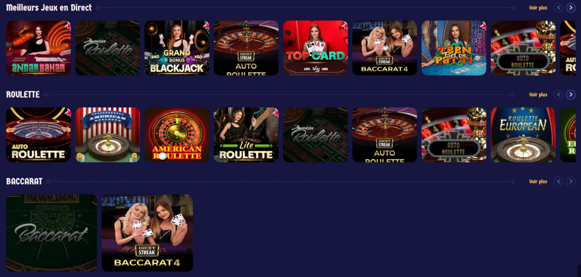 Section des jeux en direct de ZeusWin Casino avec tables de roulette, blackjack et baccarat anim&eacute;es par des croupiers