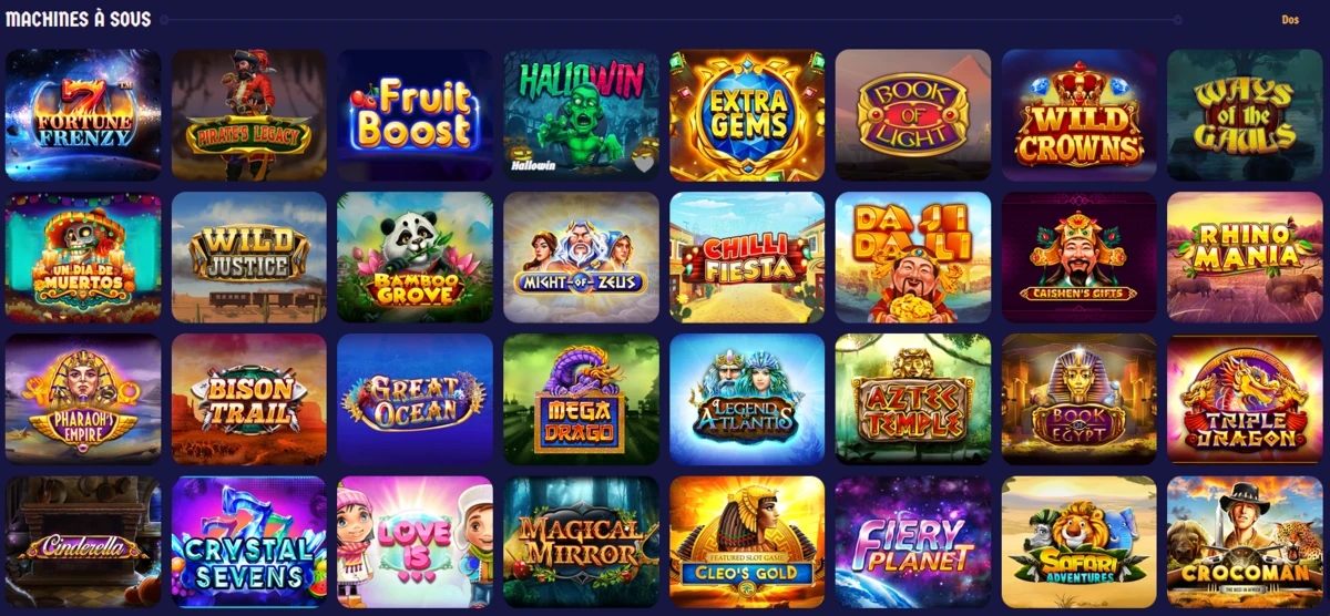 Catalogue des machines &agrave; sous de ZeusWin Casino avec titres vari&eacute;s comme Extra Gems, Bamboo Grove et Great Ocean