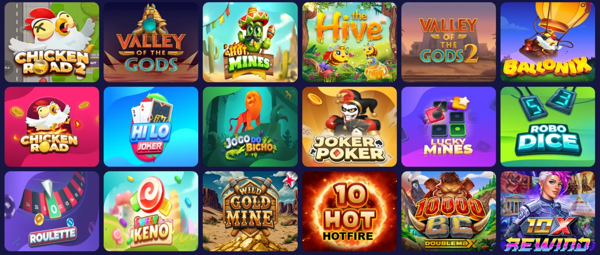S&eacute;lection de jeux instantan&eacute;s et mini jeux sur ZeusWin Casino incluant Chicken Road, HiLo Joker et Robo Dice