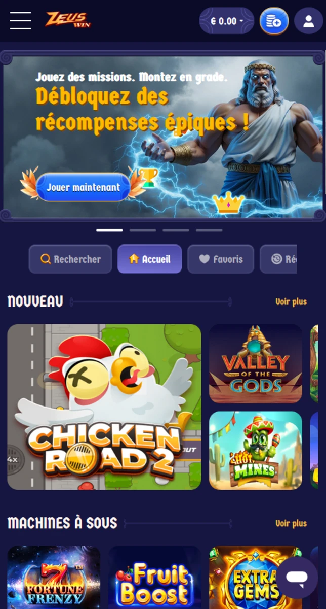 Version mobile de la page d&rsquo;accueil ZeusWin Casino affichant missions, bonus et jeux r&eacute;cents sur smartphone