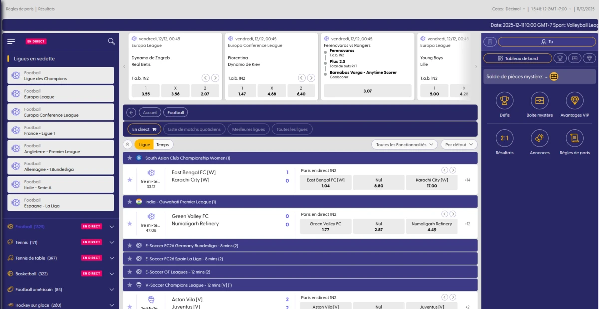 Interface des paris sportifs de ZeusWin Casino montrant les matchs en direct, les cotes et les diff&eacute;rentes ligues disponibles