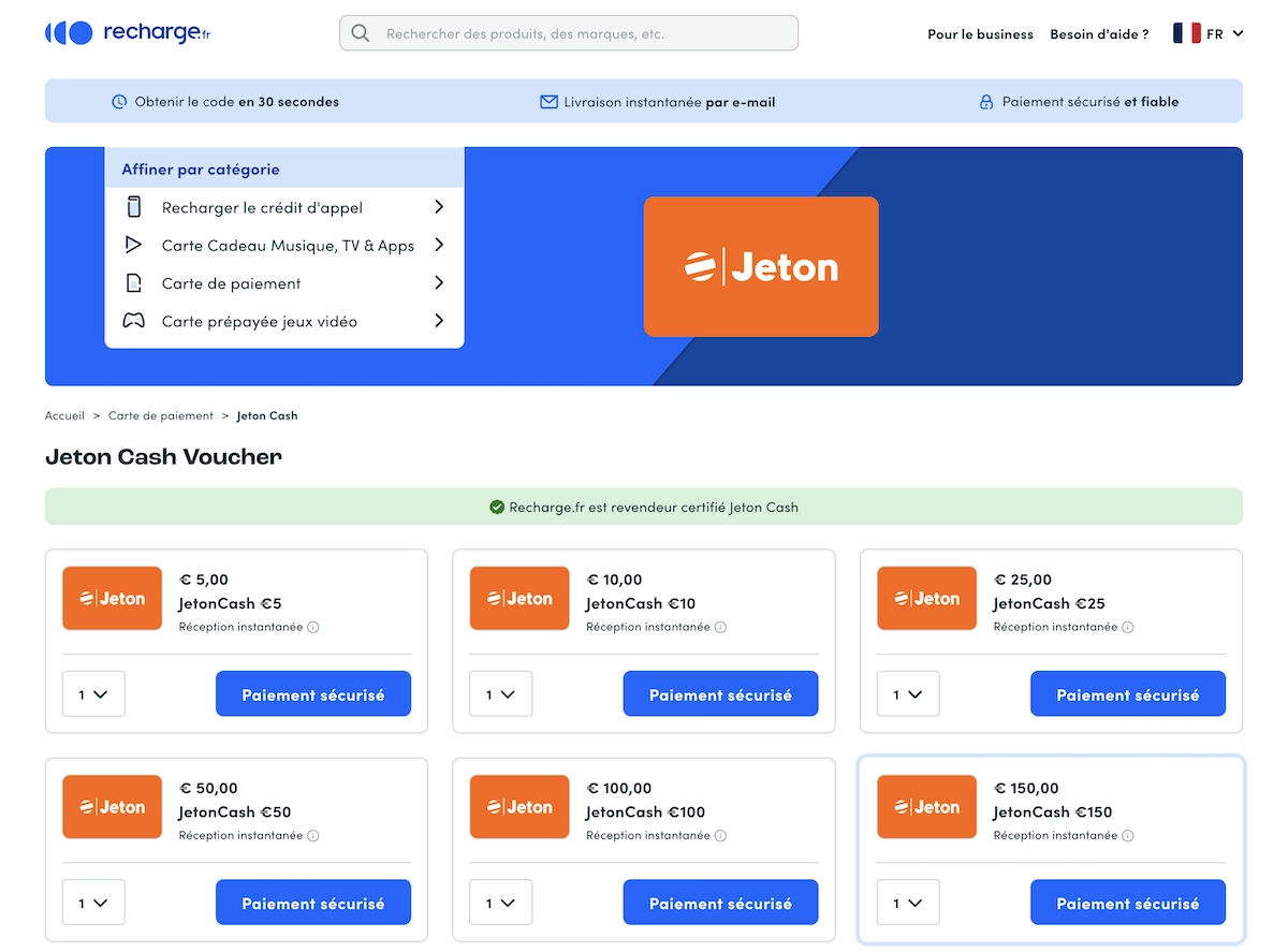 cartes pr&eacute;pay&eacute;es Jetoncash sur recharge.fr
