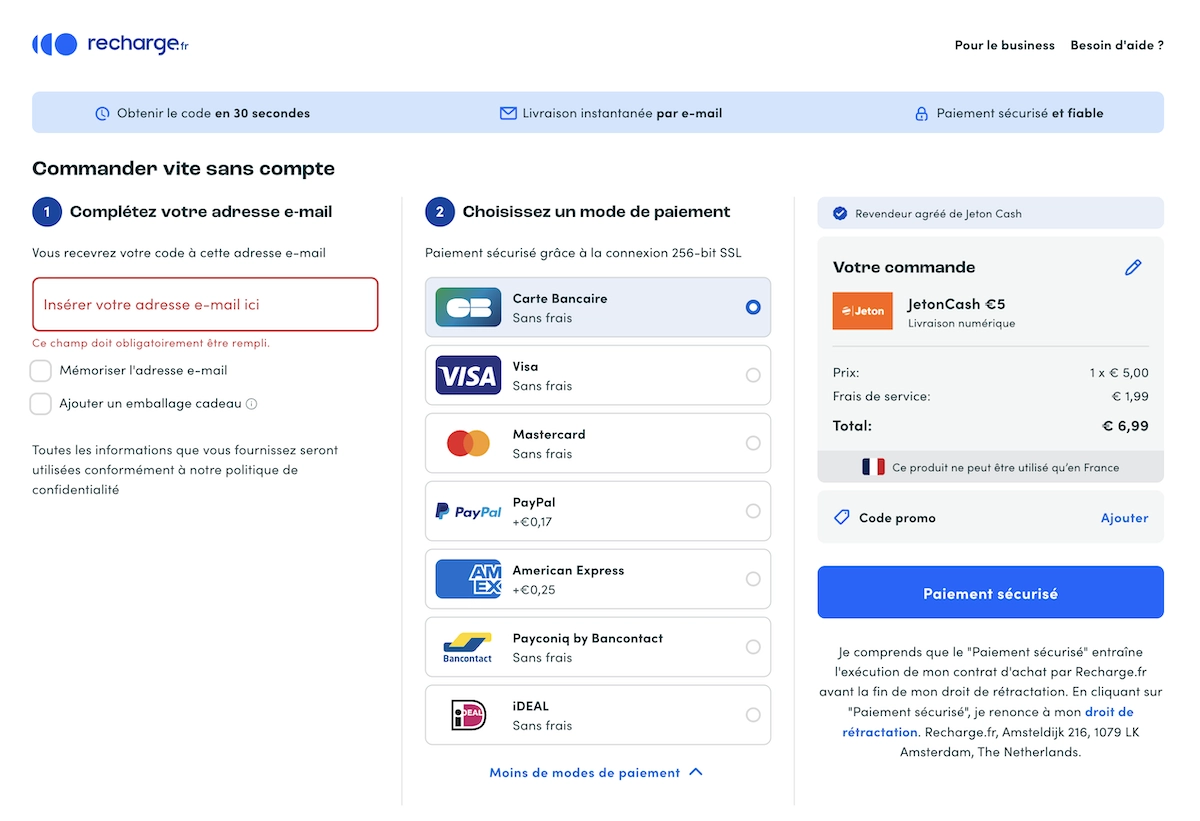 &eacute;tape de paiement pour acheter une carte pr&eacute;pay&eacute;e Jetoncash sur recharge.fr