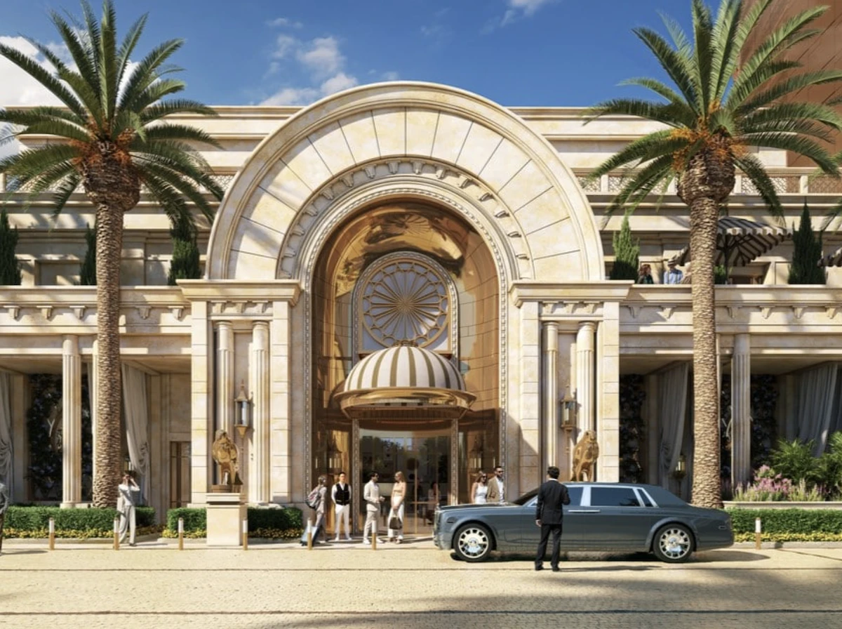 Entrée principale du futur casino proche de Dubai Wynn Al Marjan Island, architecture de luxe du resort aux Émirats arabes unis