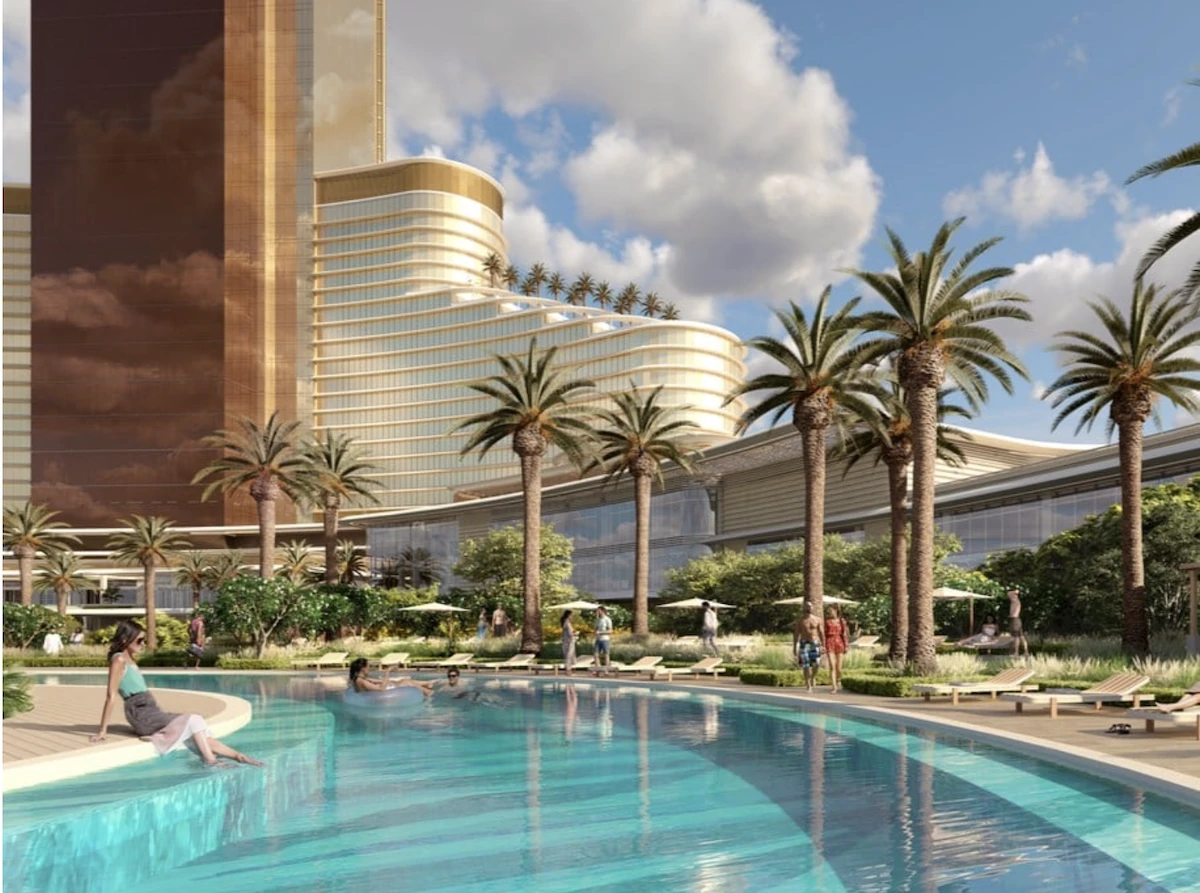 Piscines du futur casino proche de Dubai Wynn Al Marjan Island, resort de luxe avec palmiers aux Émirats arabes unis