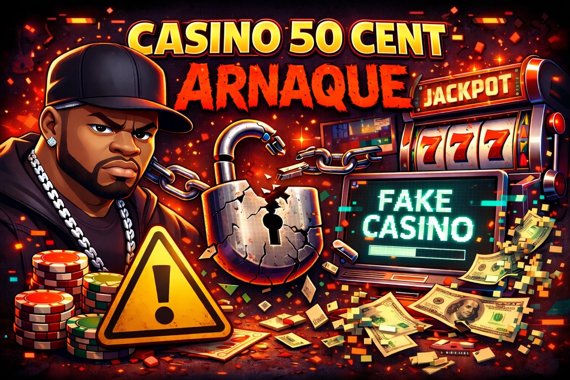 Alerte arnaque casino 50 Cent avec faux site de jeu, illustration cartoon style Casinotan montrant un casino frauduleux, symbole de danger et des fausses promesses de gains