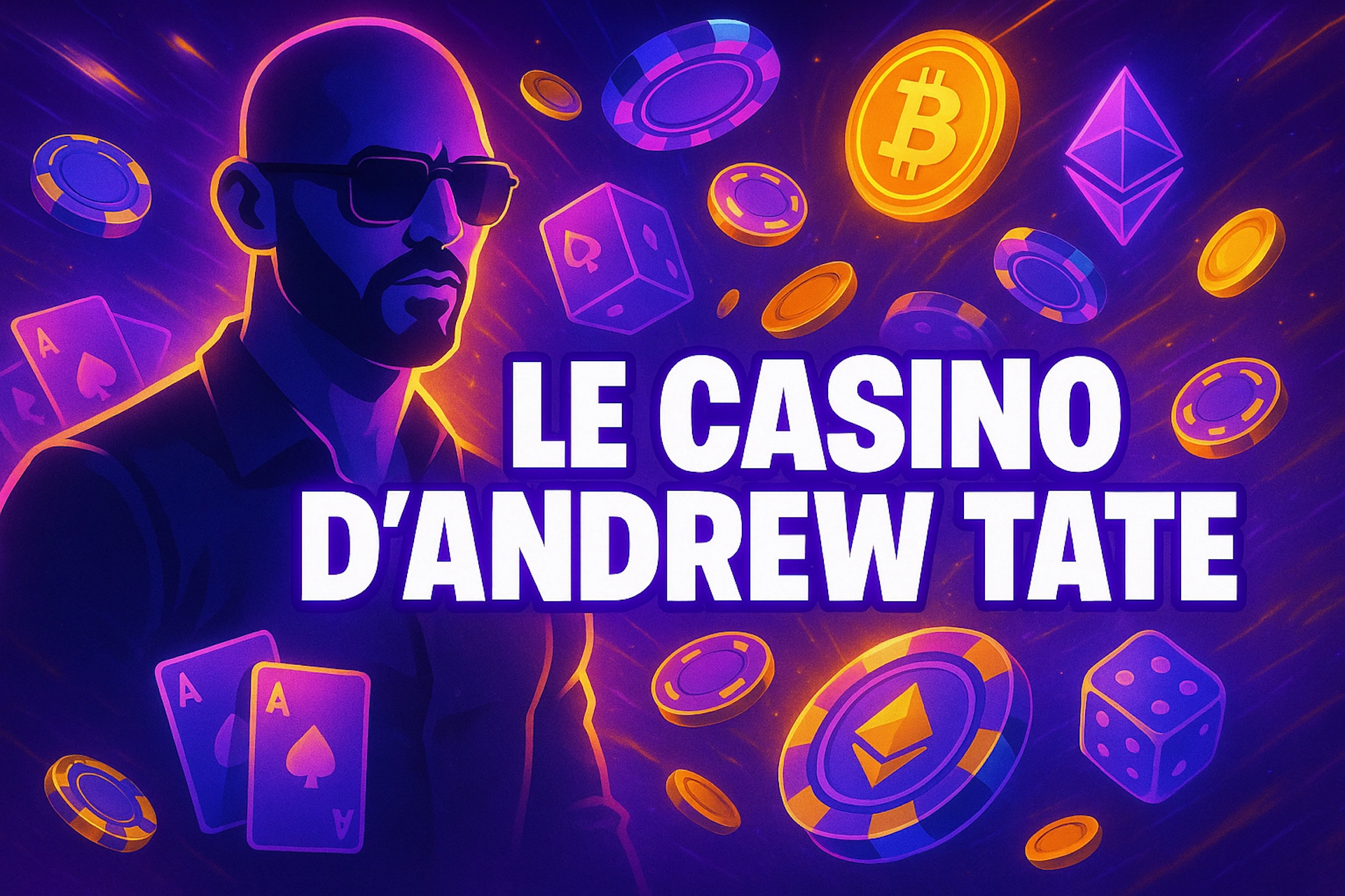 Illustration stylisée d’Andrew Tate entouré de jetons, cartes et symboles crypto, représentant le partenariat entre le casino Duel.com et Andrew Tate.