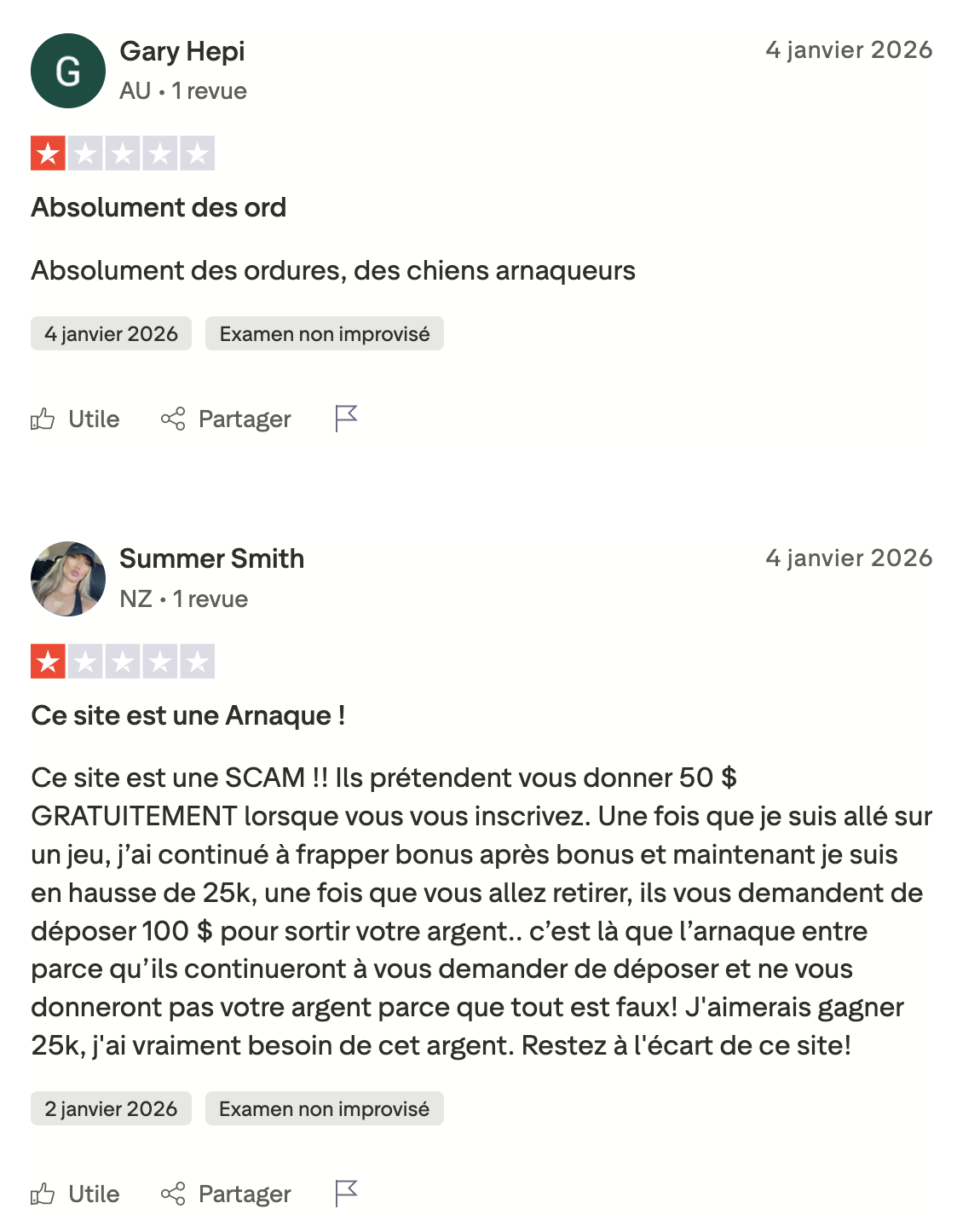 Capture d&rsquo;&eacute;cran d&rsquo;avis clients signalant une fausse v&eacute;rification, un pr&eacute;tendu partenariat crypto inexistant et recommandant d&rsquo;&eacute;viter le site casino-coin.cc, avec dates, profils utilisateurs et notes tr&egrave;s basses visibles.