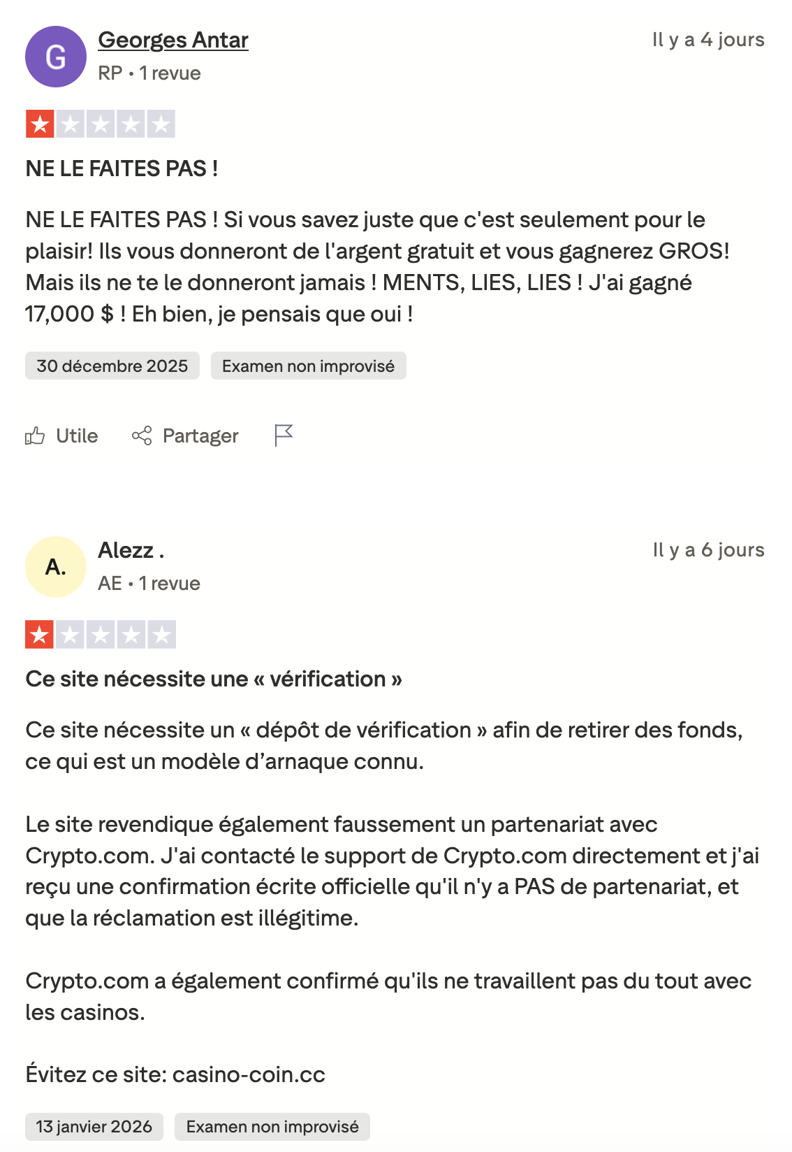 Capture d&rsquo;&eacute;cran montrant plusieurs avis n&eacute;gatifs de joueurs avec une &eacute;toile d&eacute;non&ccedil;ant une arnaque, des demandes de d&eacute;p&ocirc;ts pour retrait et des accusations de pratiques trompeuses li&eacute;es au site casino-coin.cc.