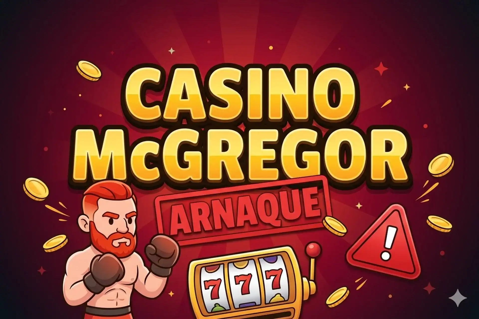 Illustration cartoon du faux casino Conor McGregor avec un combattant roux gants de boxe, une machine à sous, un panneau d'alerte et un tampon arnaque sur fond rouge.