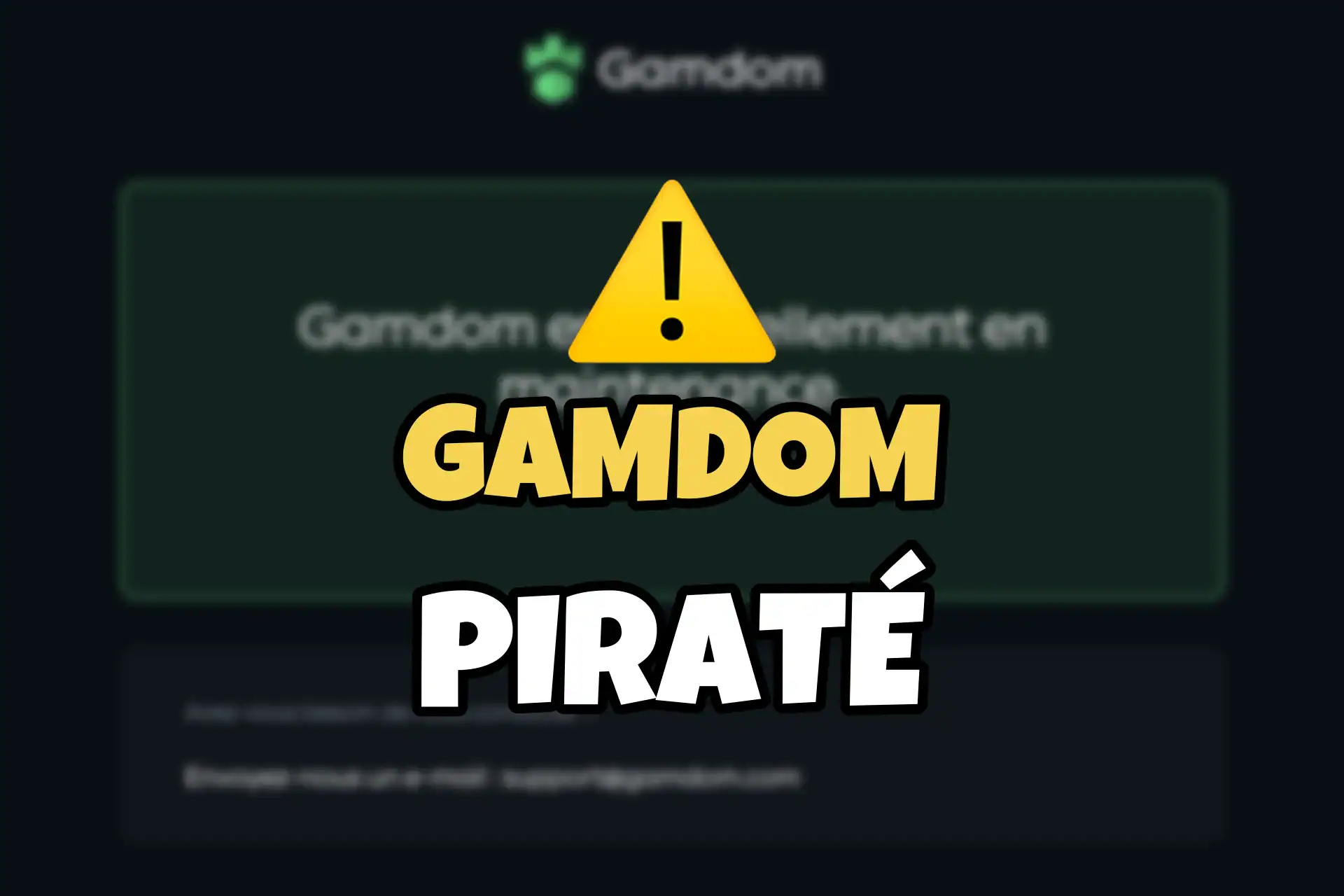 La page de maintenance floutée du casino crypto Gamdom derrière le titre Gamdom piraté, écrit en jaune et blanc sous un panneau d'alerte.