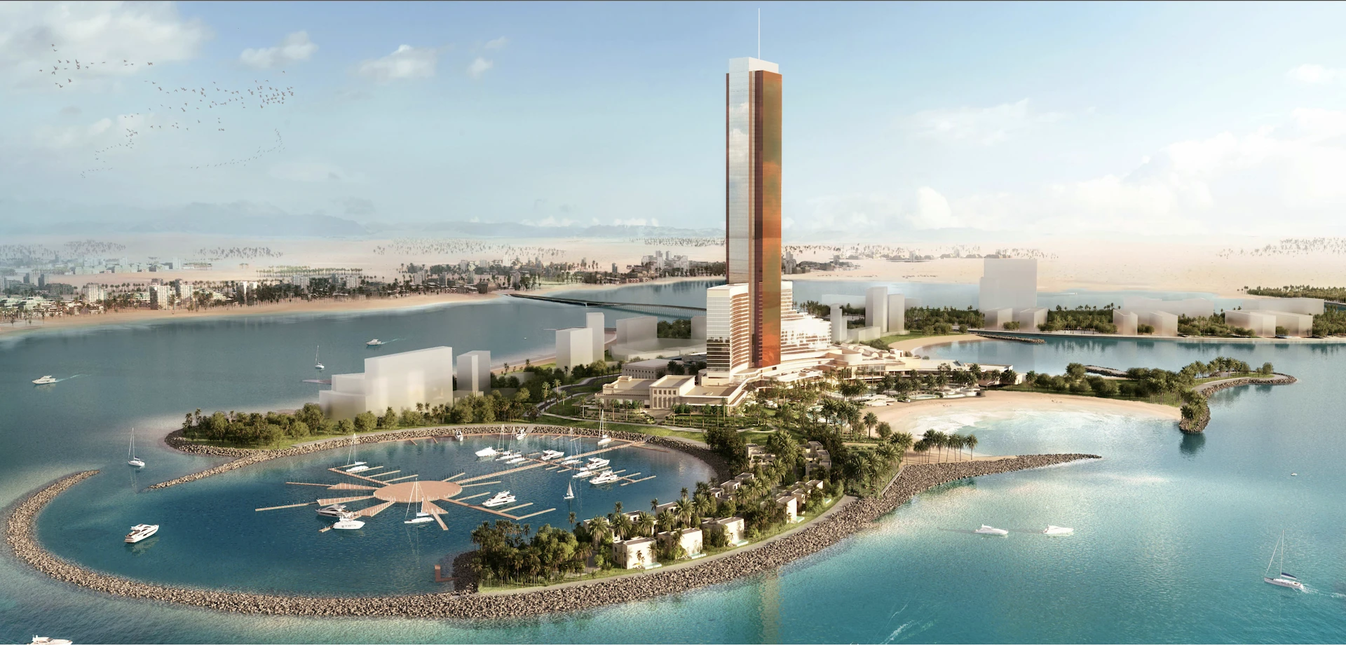 Vue aérienne du futur casino proche de Dubai Wynn Al Marjan Island, resort de luxe construit sur une île artificielle à Ras Al Khaimah aux Émirats arabes unis