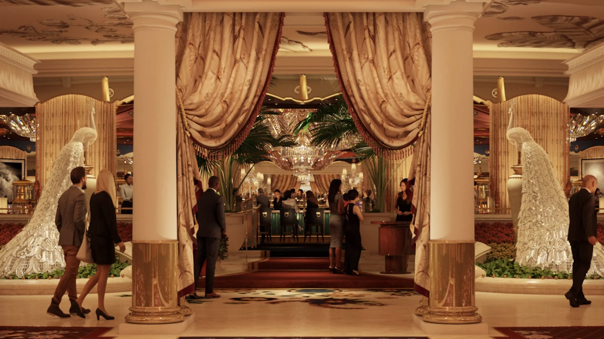Intérieur du casino Wynn Al Marjan Island aux Émirats arabes unis, avec un hall luxueux et une ambiance haut de gamme proche de Dubai