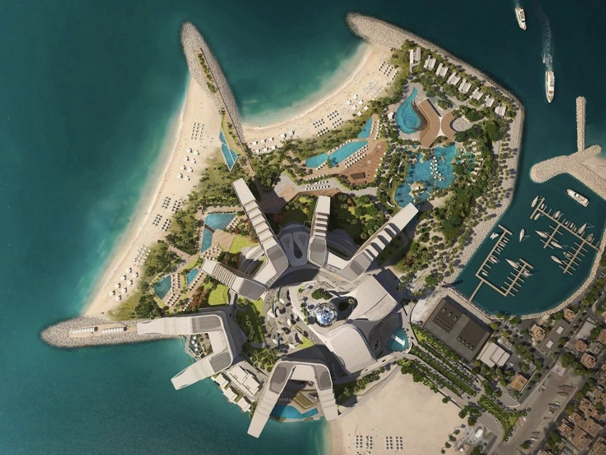 Vue aérienne du futur casino proche de Dubai Wynn Al Marjan Island, resort de luxe construit sur une île artificielle aux Émirats arabes unis