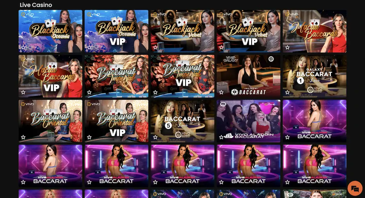 Section casino en direct sur Casino Hermes avec tables de blackjack et baccarat en live