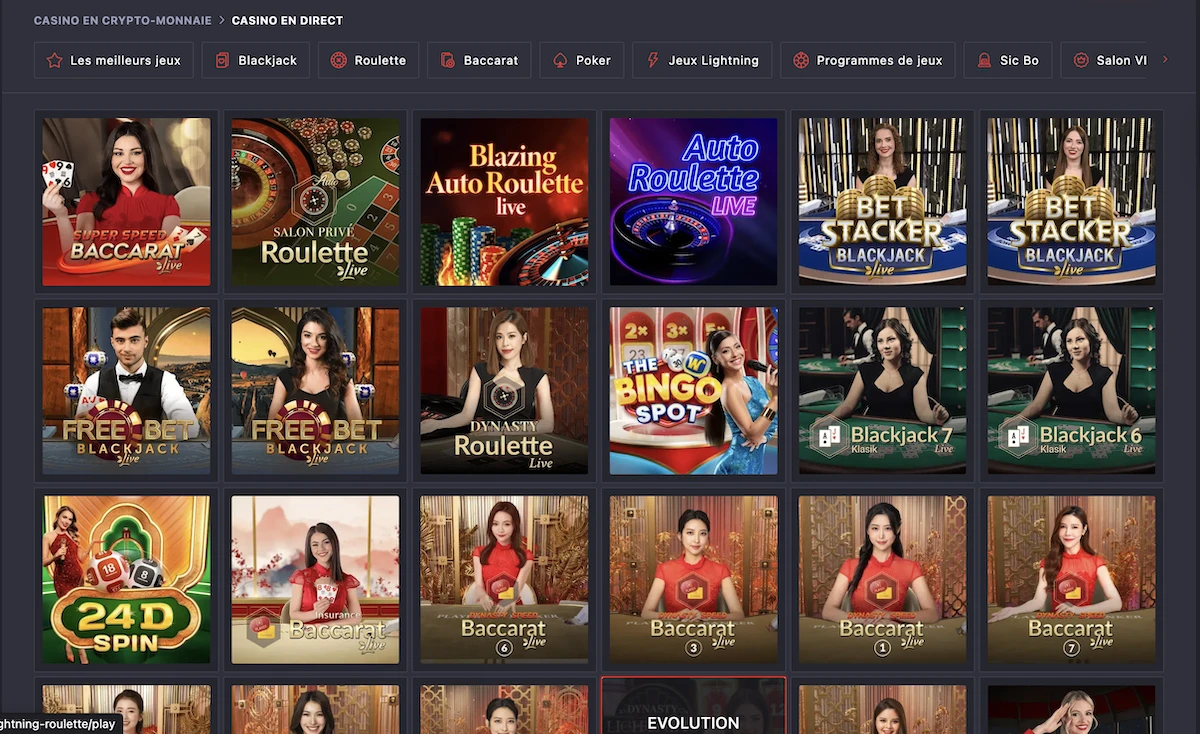 Section casino en direct Anon Casino avec tables roulette et blackjack Evolution