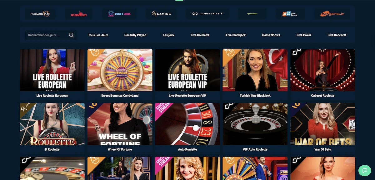 Vue alternative du live casino Rolletto montrant plusieurs tables en direct et croupiers r&eacute;els