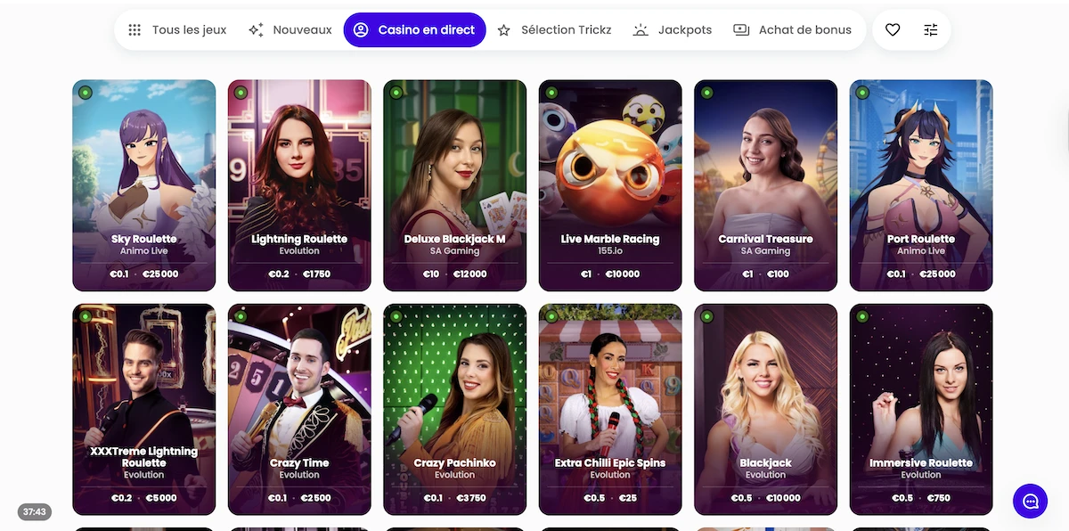 Jeux en direct du casino en ligne Trickz