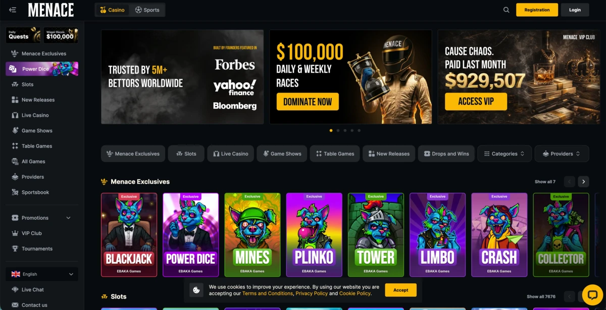 Page d’accueil du casino en ligne Menace.com avec bannière promotionnelle 100 000 $ en courses quotidiennes et hebdomadaires, menu des jeux exclusifs (Blackjack, Power Dice, Mines, Plinko, Crash) et section VIP Club