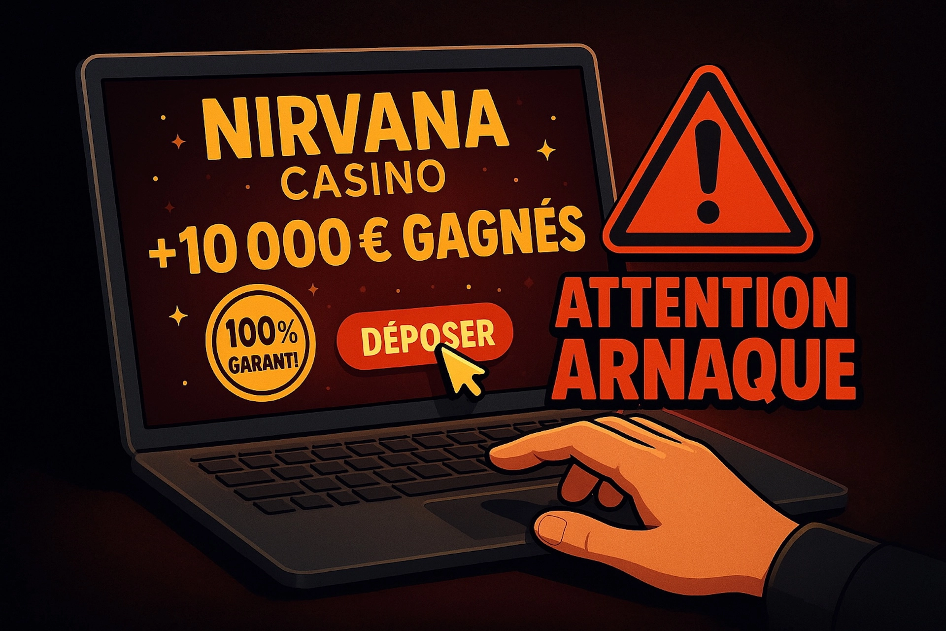 Visuel d’alerte sur Nirvana Casino avec écran de laptop montrant des promesses de gains exagérées, bouton “Déposer”, et texte “Attention Arnaque” en rouge dans un style Casinotan contrasté.