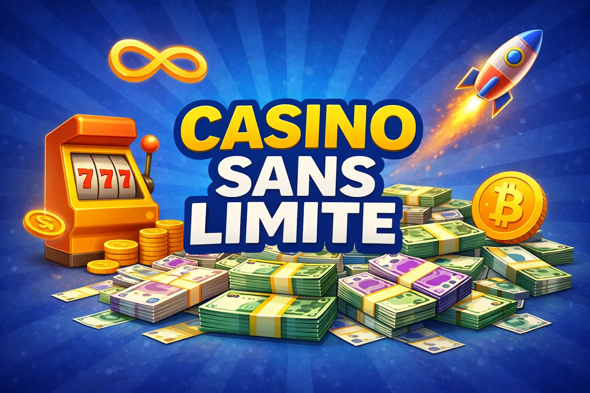 Illustration casino sans limite avec machine à sous 777, symbole infini, fusée et pile de billets en euros dans un style cartoon coloré pour le site de comparatifs de casinos Casinotan.