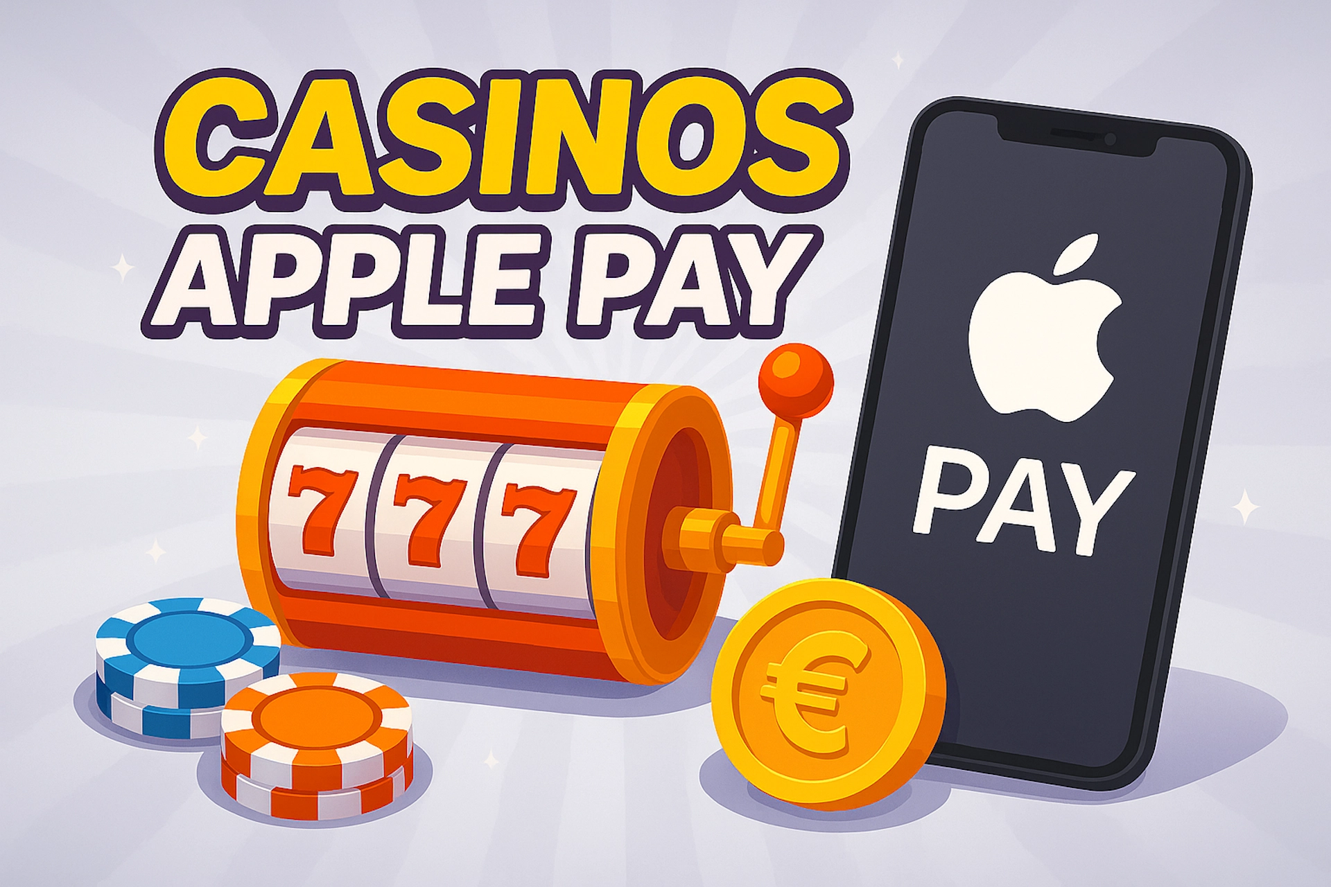 Illustration 1920x1280 cartoon avec texte « CASINOS APPLE PAY », smartphone avec logo pomme blanche stylisée et PAY, machine à sous 777, jeton doré avec symbole euro, sur fond clair violet-gris lumineux style Casinotan